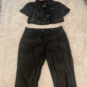 Two-piece fake leather pants and crop top